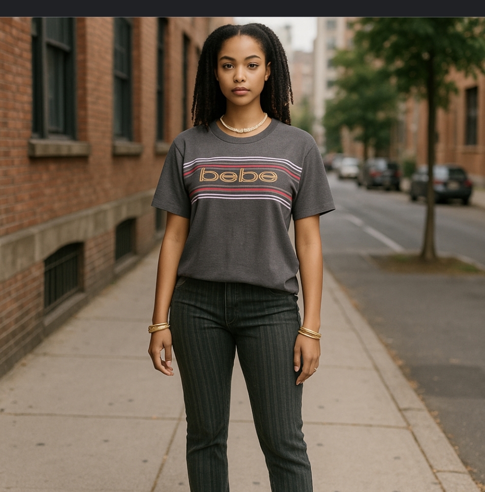 BeBe Sport Marled Grey & Bright Colored Logo Cropped T Shirt
